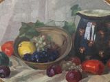 an oil painting of a bowl of fruit and a pitcher on a table