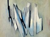 peinture abstraite représentant des formes blanches et bleues sur un fond gris