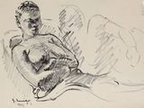 dessin représentant un homme assis sur une chaise, les jambes croisées