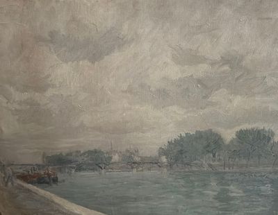 painting of a view of a river with a bridge in the distance