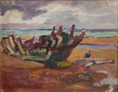 painting of a painting of a boat on a beach near a body of water