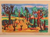 an image of a painting of a landscape with trees in the foreground