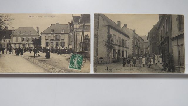 Mainsat : Lot de 2cpa (B.E.) : Place de l’Église (sortie de messe...