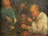 un vieux tableau représentant deux hommes assis sur un canapé en train de manger