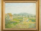 une peinture représentant un paysage avec une ferme et une maison au loin