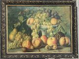 a painting of a bowl of fruit with grapes and peaches on a table