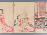 three paintings of women in kimono robes are hanging on a wall