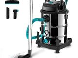 un aspirateur noir et argenté muni d'une poignée bleue