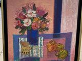 a painting of a vase of flowers and fruit on a table
