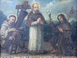 an old painting of a man holding a cross and other people