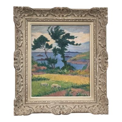 une image représentant un tableau de paysage avec des moutons au premier plan