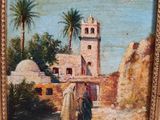 an oil painting of two people walking in front of a building