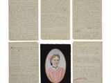 four pieces of old paper with handwriting and a portrait of a woman