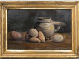 painting of a still life with a pitcher and potatoes on a table