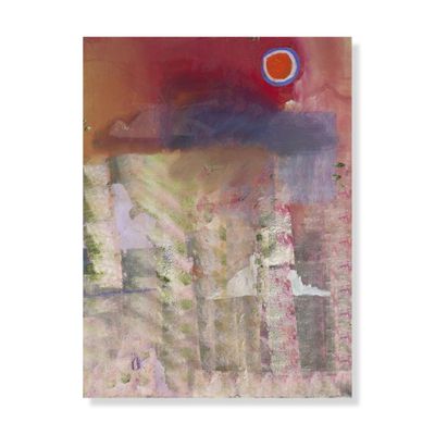 une peinture abstraite représentant un bâtiment avec un soleil rouge en arrière-plan