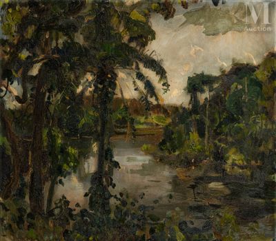an image of a painting of a river with trees and a bird in the sky