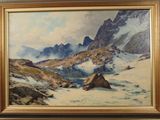 an oil painting of a mountain scene with a lake in the foreground