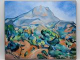 a painting of a mountain with a house in the distance