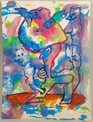 an image of a painting of a person on a surfboard