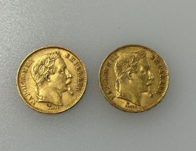 * Deux pièces de 20 F or Napoléon III tête laurée, année 1869. Poids.  - Photo 1