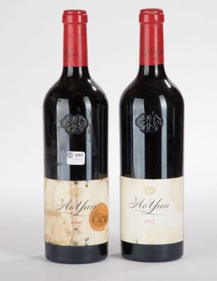 deux bouteilles de vin rouge posées l'une à côté de l'autre sur une surface blanche