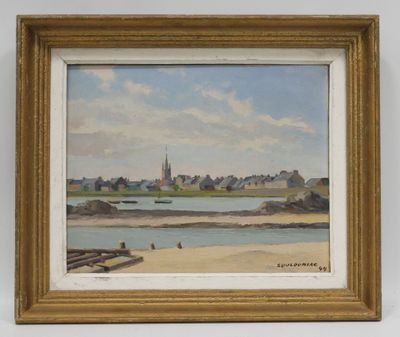 une image représentant une peinture d'une scène de plage avec une église au loin
