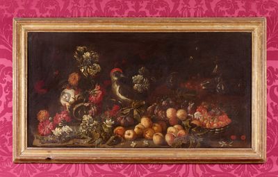 painting of a still life of fruit and flowers on a pink wall