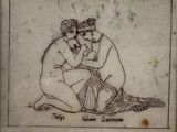 a drawing of two women sitting on the ground