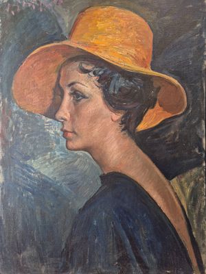 tableau représentant une femme portant un chapeau jaune et une robe bleue