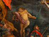 a painting of jesus on the cross with other people