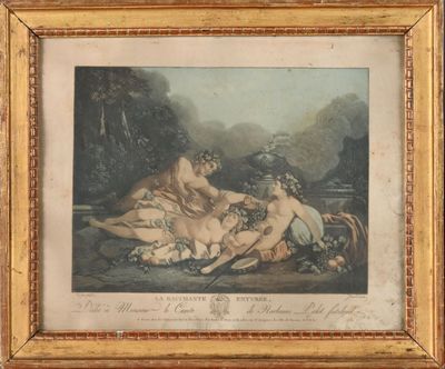 un vieux tableau représentant deux femmes et un enfant dans un décor boisé