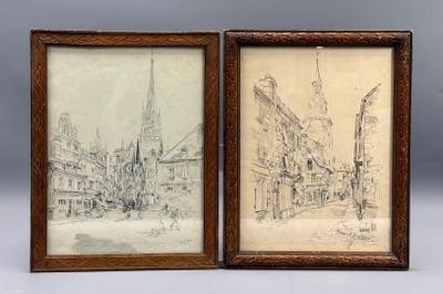 deux dessins encadrés représentant des bâtiments et une rue, avec une tour horloge en arrière-plan