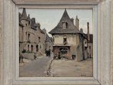tableau représentant une scène de rue avec des bâtiments et une calèche