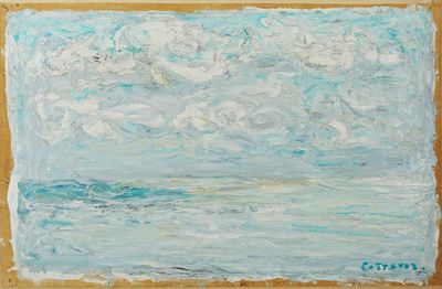 une peinture à l'huile représentant un tableau représentant une scène de plage avec des vagues
