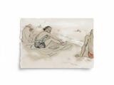 a drawing of a woman sitting on a towel on the beach