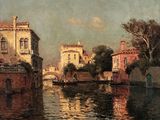 tableau représentant une scène fluviale avec des bâtiments et un pont au loin