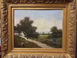 une peinture à l'huile représentant une route de campagne avec une maison au loin
