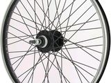 la roue avant d'un vélo à rayons sur fond blanc