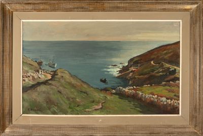 an oil painting of a view of the ocean from a hill