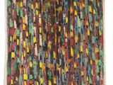 an abstract painting of multicolored lines on a white background