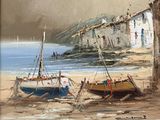 two boats that are sitting on the sand by the water