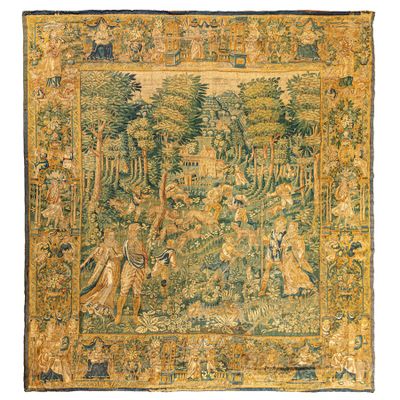une tapisserie ancienne représentant un homme et une femme dans un jardin
