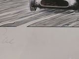 a drawing of a man driving a race car on a track