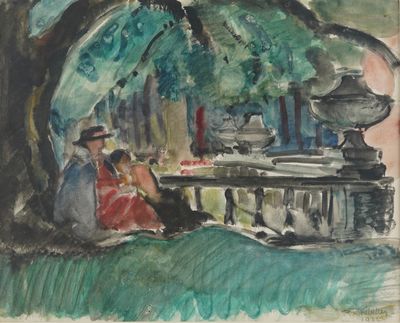 painting of a man and woman sitting under a tree in a park