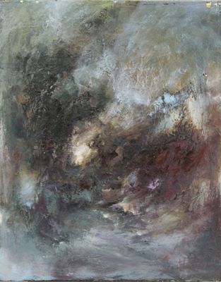 une peinture à l'huile représentant un paysage en noir et blanc avec des nuages