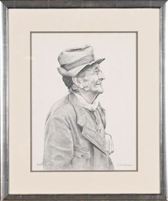 drawing of an old man with a hat and jacket in a frame