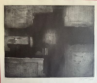 photographie en noir et blanc d'un dessin en noir et blanc représentant un bâtiment