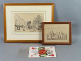 two framed pictures of a couple of people riding horses in a city