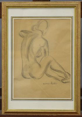 dessin représentant une femme nue assise sur le ventre, dans un cadre doré