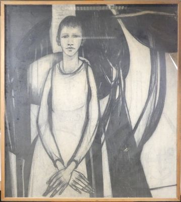tableau représentant une femme en robe blanche debout à côté d'un cheval noir et blanc